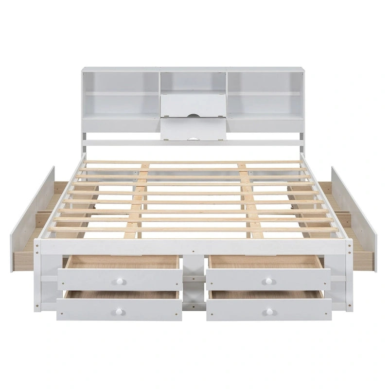 Lit plateforme double queen gris/blanc avec tête de lit de rangement et 8 tiroirs