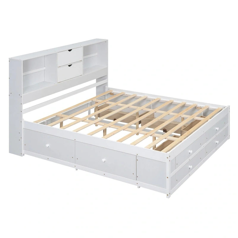 Lit plateforme double queen gris/blanc avec tête de lit de rangement et 8 tiroirs