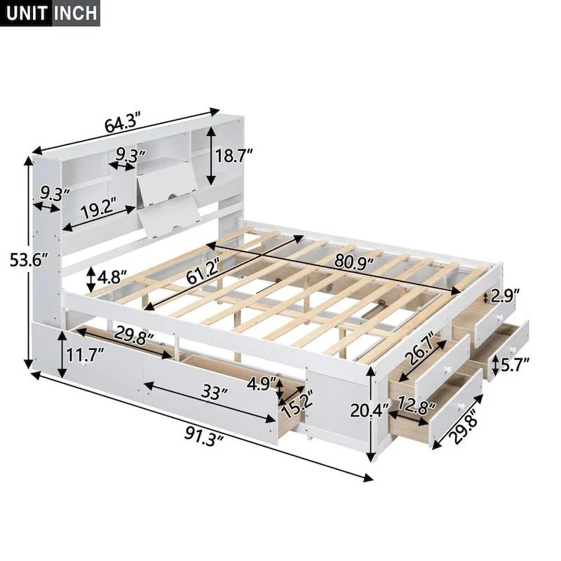 Lit plateforme double queen gris/blanc avec tête de lit de rangement et 8 tiroirs