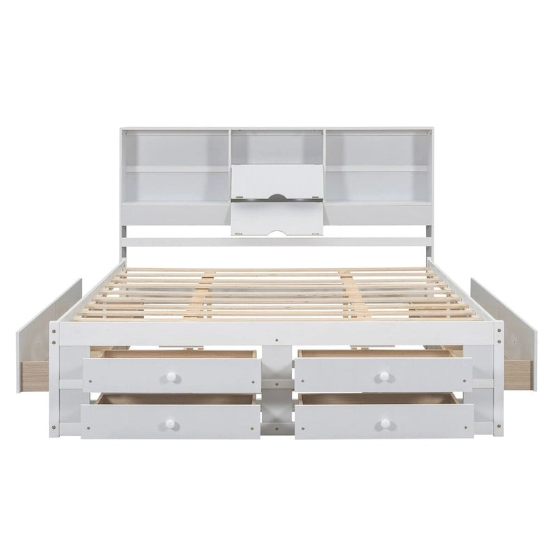 Lit plateforme double queen gris/blanc avec tête de lit de rangement et 8 tiroirs