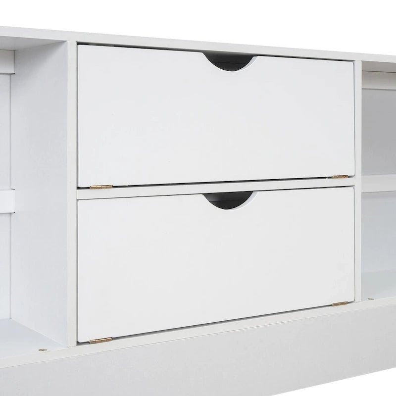 Lit plateforme double queen gris/blanc avec tête de lit de rangement et 8 tiroirs