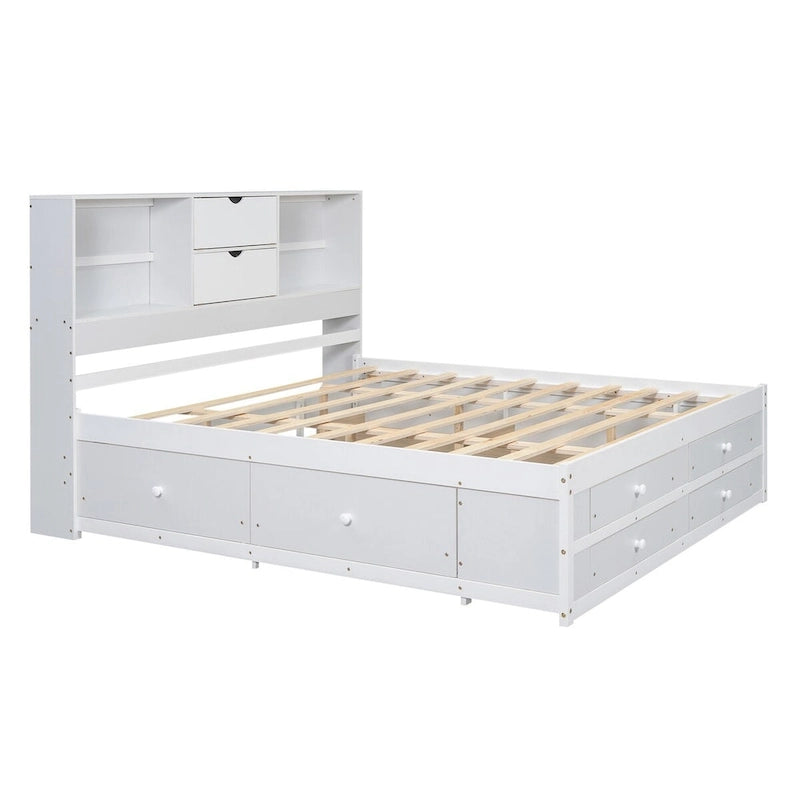 Lit plateforme double queen gris/blanc avec tête de lit de rangement et 8 tiroirs