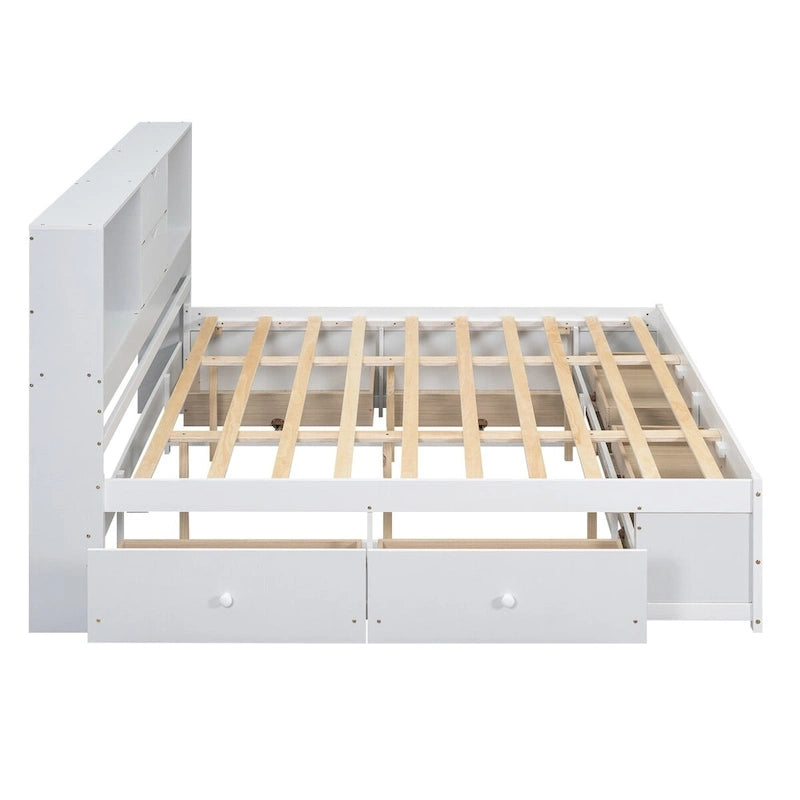 Lit plateforme double queen gris/blanc avec tête de lit de rangement et 8 tiroirs
