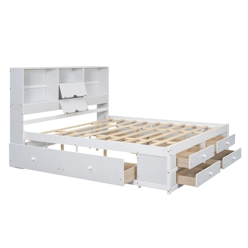 Lit plateforme double queen gris/blanc avec tête de lit de rangement et 8 tiroirs