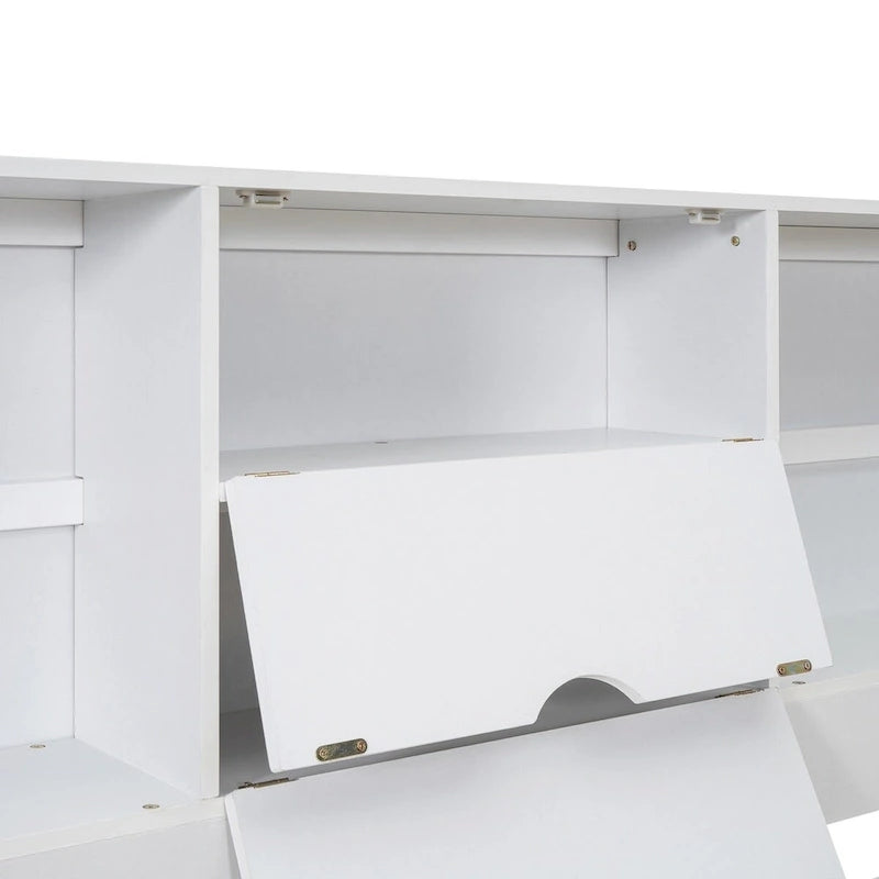 Lit plateforme double queen gris/blanc avec tête de lit de rangement et 8 tiroirs