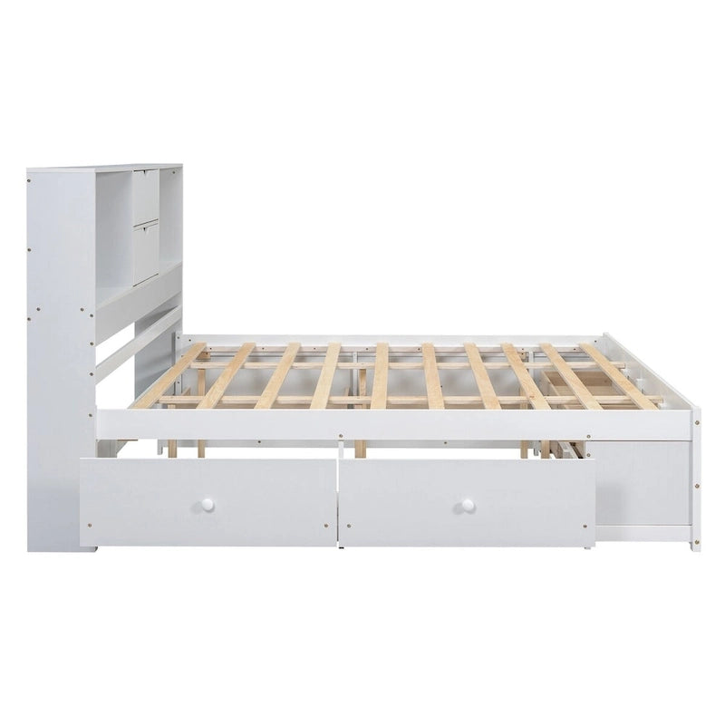 Lit plateforme double queen gris/blanc avec tête de lit de rangement et 8 tiroirs