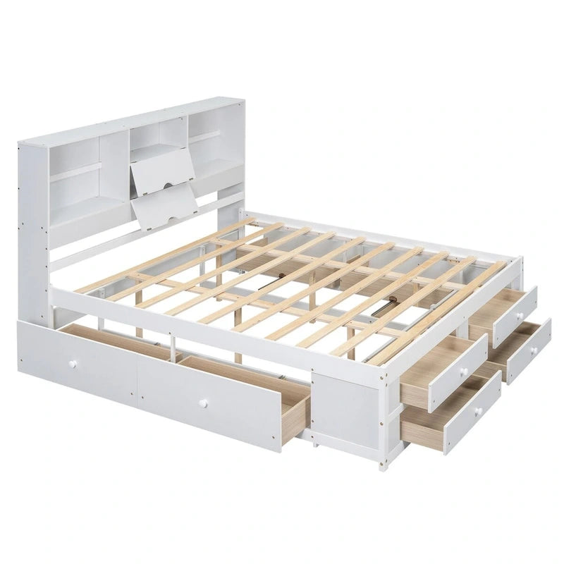 Lit plateforme double queen gris/blanc avec tête de lit de rangement et 8 tiroirs