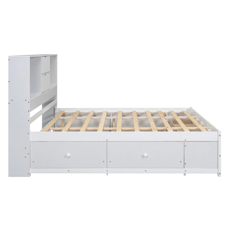 Lit plateforme double queen gris/blanc avec tête de lit de rangement et 8 tiroirs