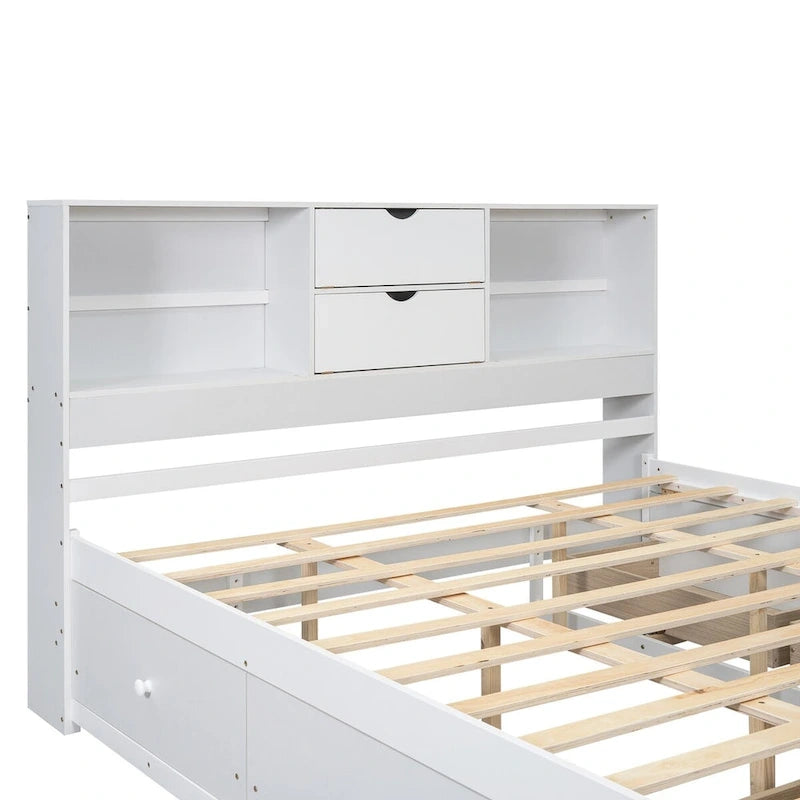 Lit plateforme double queen gris/blanc avec tête de lit de rangement et 8 tiroirs