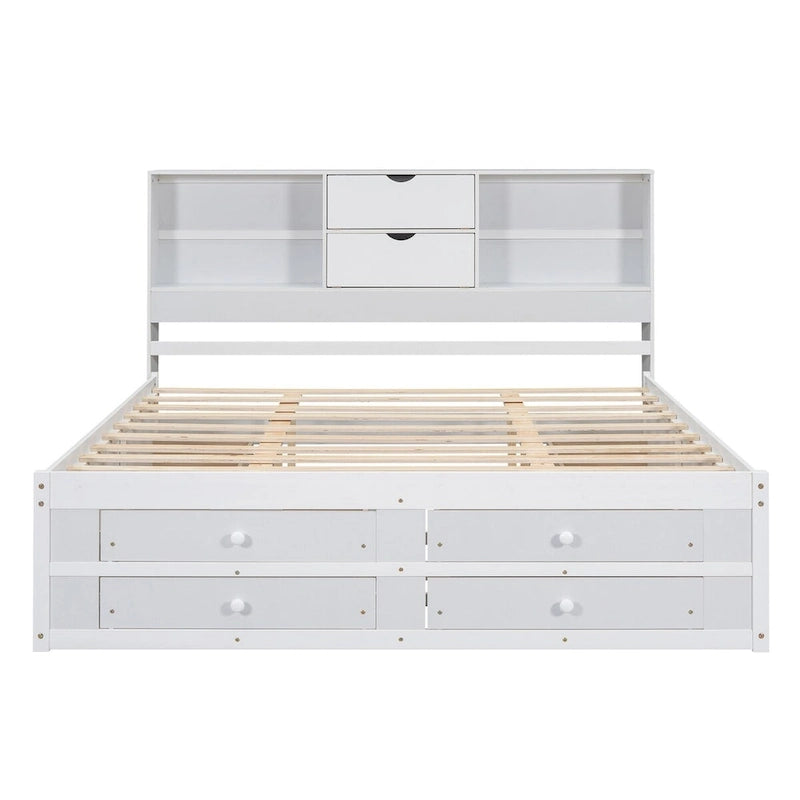 Lit plateforme double queen gris/blanc avec tête de lit de rangement et 8 tiroirs