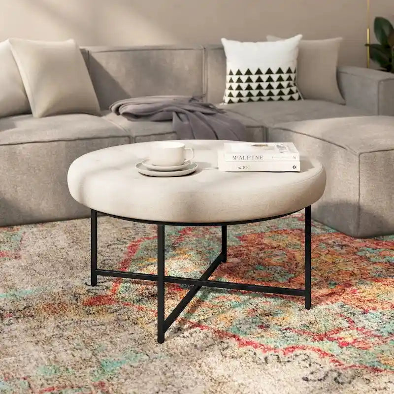 Pouf rond touffeté en coton et lin gris/beige avec structure en fer – 1 place