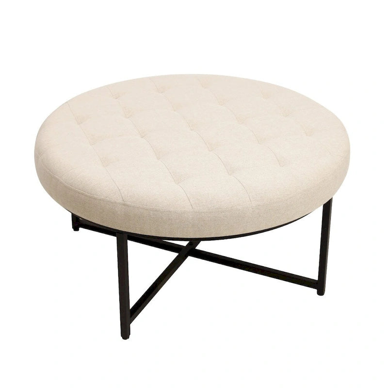 Pouf rond touffeté en coton et lin gris/beige avec structure en fer – 1 place
