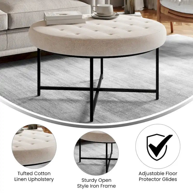 Pouf rond touffeté en coton et lin gris/beige avec structure en fer – 1 place