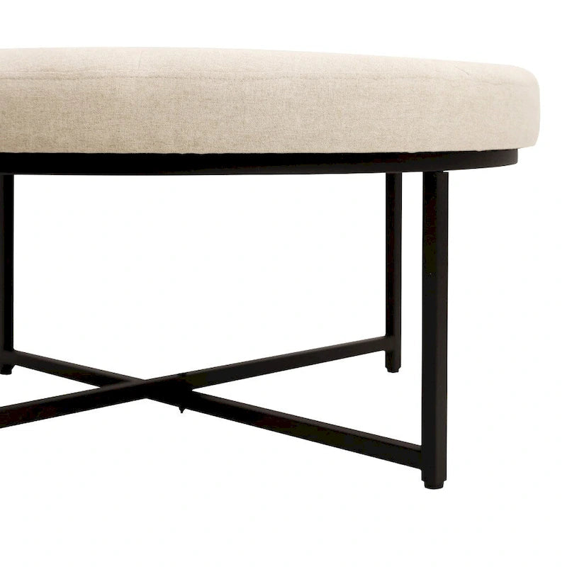 Pouf rond touffeté en coton et lin gris/beige avec structure en fer – 1 place