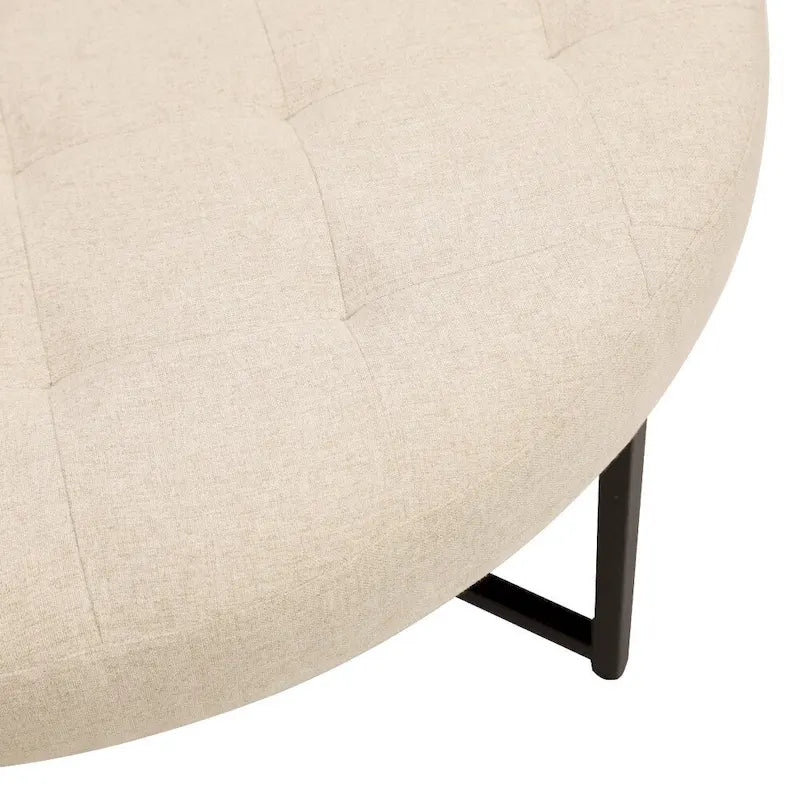 Pouf rond touffeté en coton et lin gris/beige avec structure en fer – 1 place