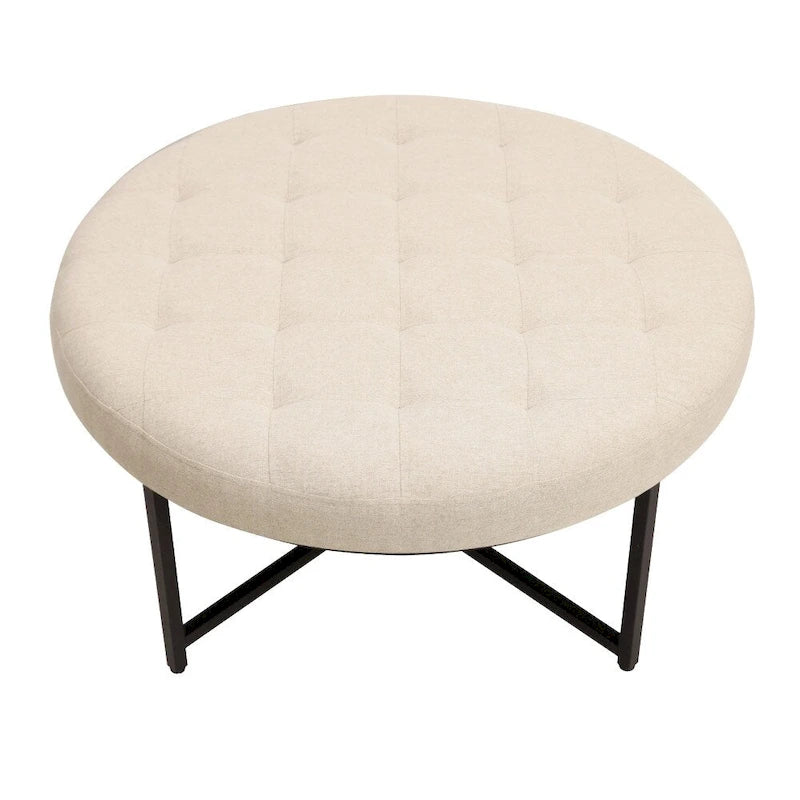 Pouf rond touffeté en coton et lin gris/beige avec structure en fer – 1 place