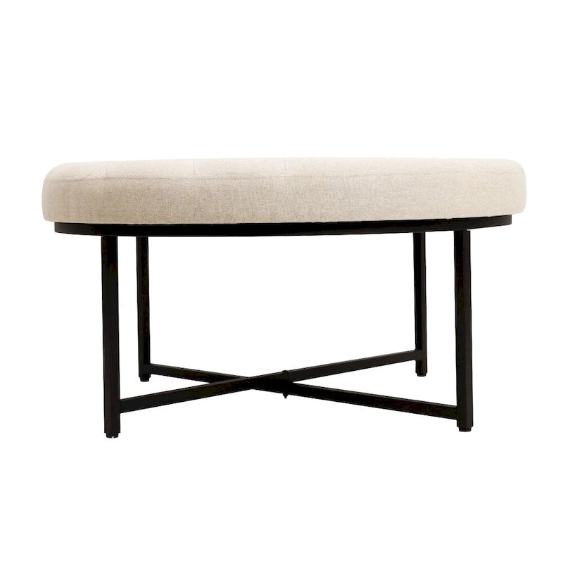 Pouf rond touffeté en coton et lin gris/beige avec structure en fer – 1 place