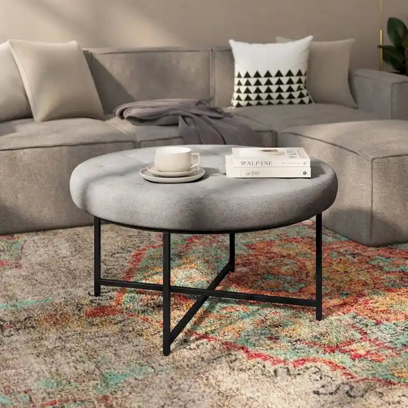 Pouf rond touffeté en coton et lin gris/beige avec structure en fer – 1 place