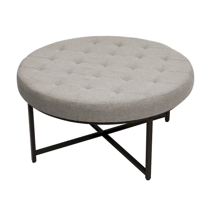 Pouf rond touffeté en coton et lin gris/beige avec structure en fer – 1 place