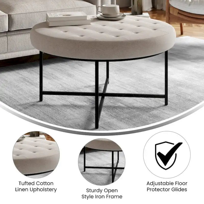 Pouf rond touffeté en coton et lin gris/beige avec structure en fer – 1 place