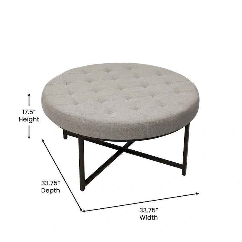 Pouf rond touffeté en coton et lin gris/beige avec structure en fer – 1 place