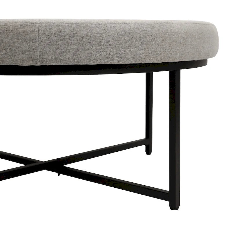 Pouf rond touffeté en coton et lin gris/beige avec structure en fer – 1 place