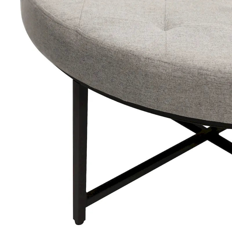 Pouf rond touffeté en coton et lin gris/beige avec structure en fer – 1 place
