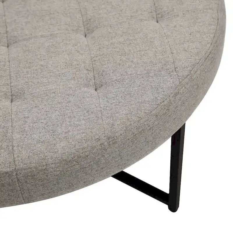 Pouf rond touffeté en coton et lin gris/beige avec structure en fer – 1 place