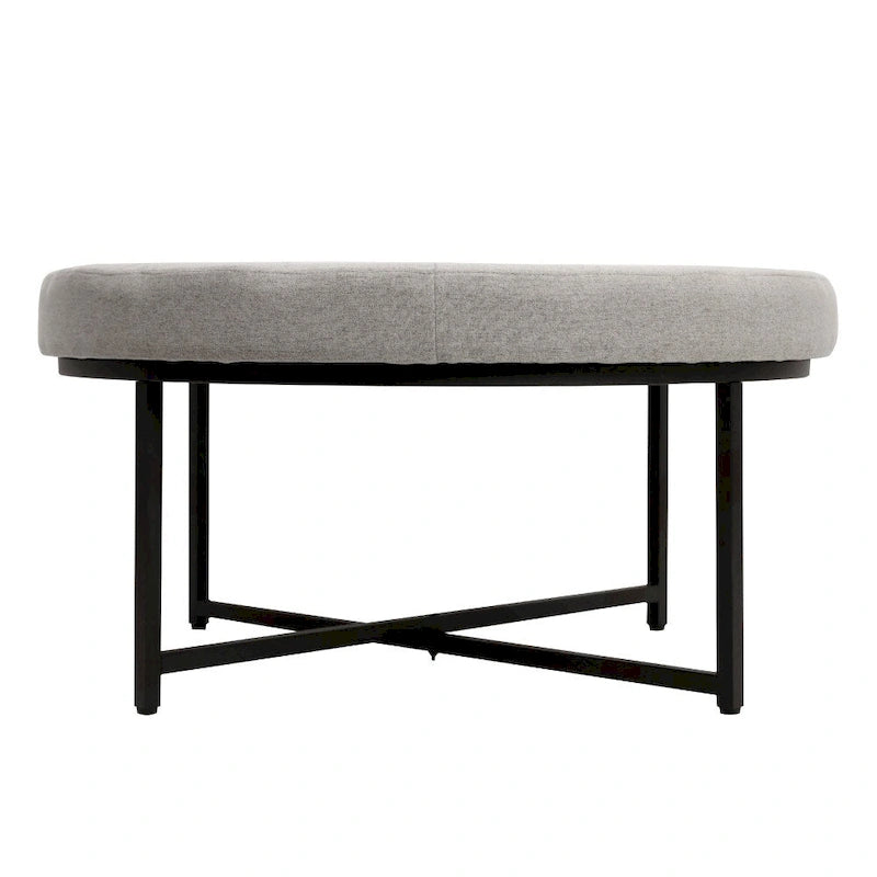 Pouf rond touffeté en coton et lin gris/beige avec structure en fer – 1 place
