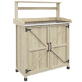 Établi de rempotage d'extérieur style ferme marron/gris avec plateau en acier galvanisé et armoire de rangement à 2 portes