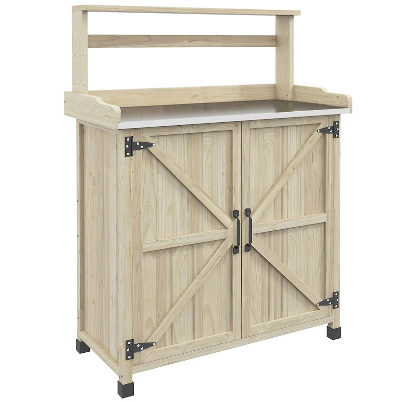 Établi de rempotage d'extérieur style ferme marron/gris avec plateau en acier galvanisé et armoire de rangement à 2 portes
