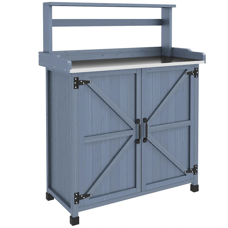 Établi de rempotage d'extérieur style ferme marron/gris avec plateau en acier galvanisé et armoire de rangement à 2 portes