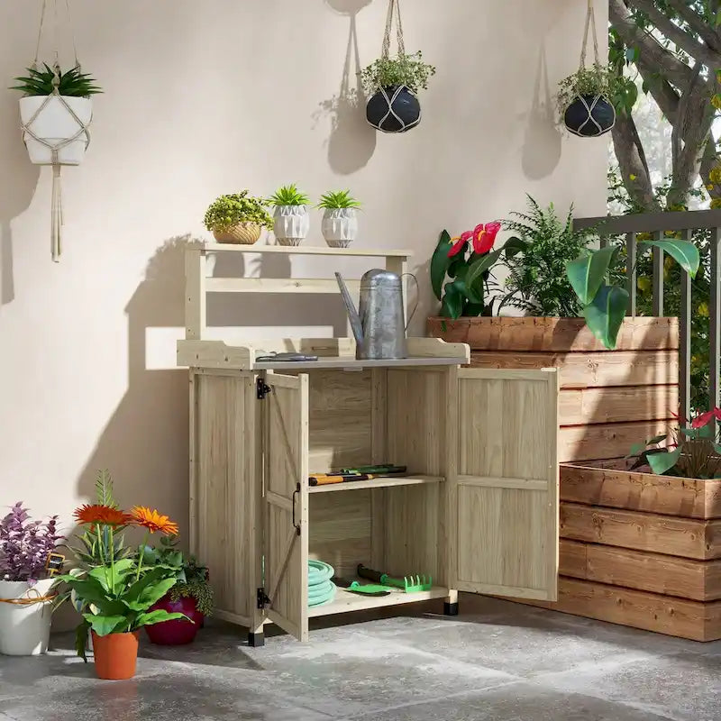 Établi de rempotage d'extérieur style ferme marron/gris avec plateau en acier galvanisé et armoire de rangement à 2 portes