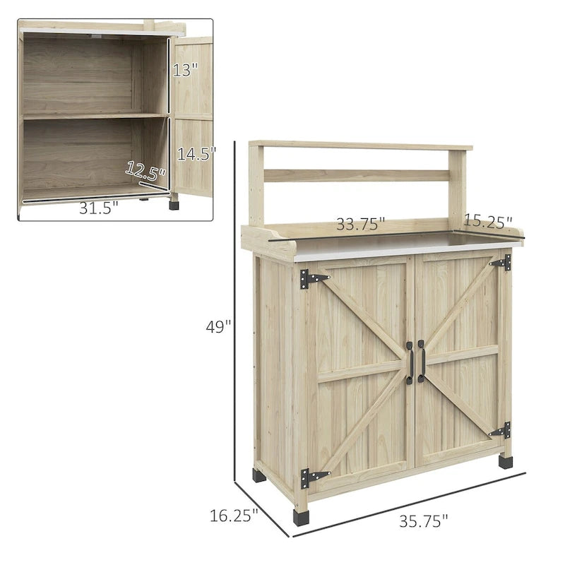 Établi de rempotage d'extérieur style ferme marron/gris avec plateau en acier galvanisé et armoire de rangement à 2 portes