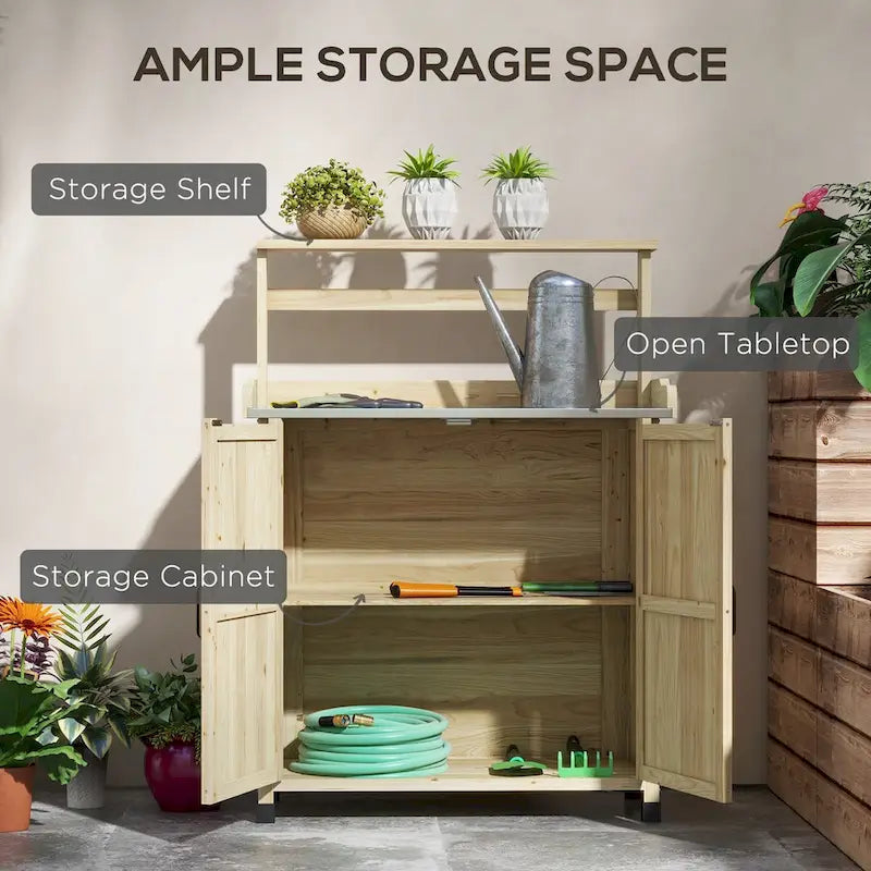 Établi de rempotage d'extérieur style ferme marron/gris avec plateau en acier galvanisé et armoire de rangement à 2 portes