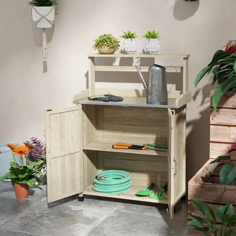 Établi de rempotage d'extérieur style ferme marron/gris avec plateau en acier galvanisé et armoire de rangement à 2 portes