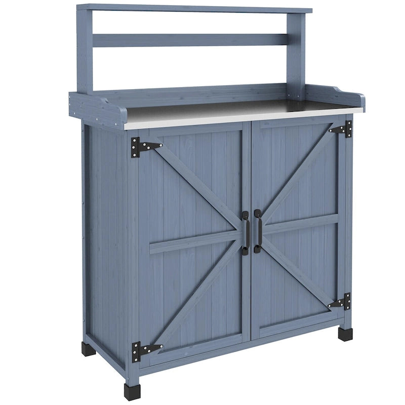 Établi de rempotage d'extérieur style ferme marron/gris avec plateau en acier galvanisé et armoire de rangement à 2 portes
