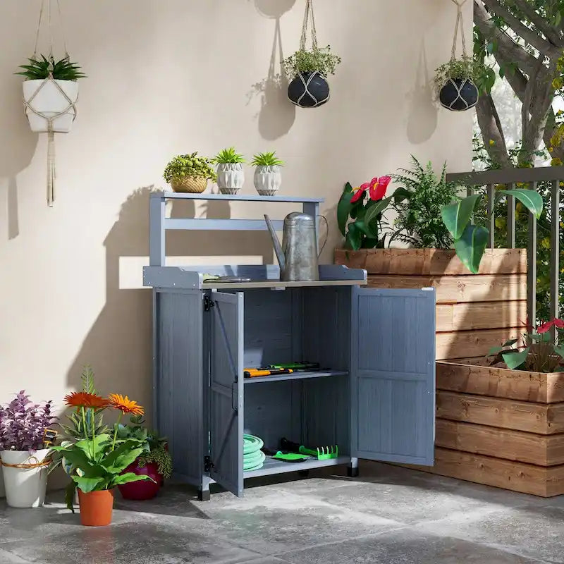 Établi de rempotage d'extérieur style ferme marron/gris avec plateau en acier galvanisé et armoire de rangement à 2 portes