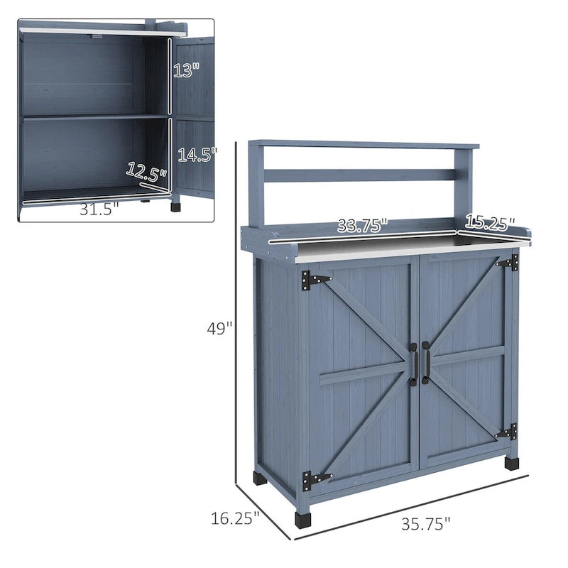 Établi de rempotage d'extérieur style ferme marron/gris avec plateau en acier galvanisé et armoire de rangement à 2 portes