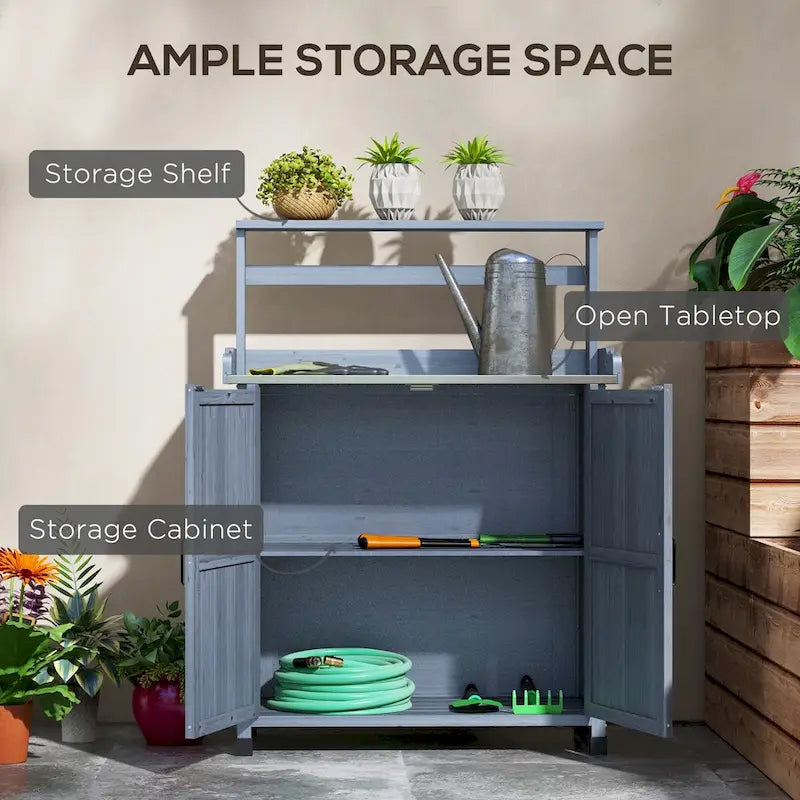 Établi de rempotage d'extérieur style ferme marron/gris avec plateau en acier galvanisé et armoire de rangement à 2 portes