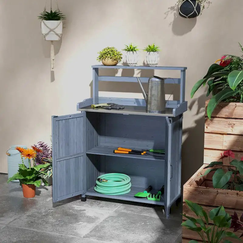 Établi de rempotage d'extérieur style ferme marron/gris avec plateau en acier galvanisé et armoire de rangement à 2 portes