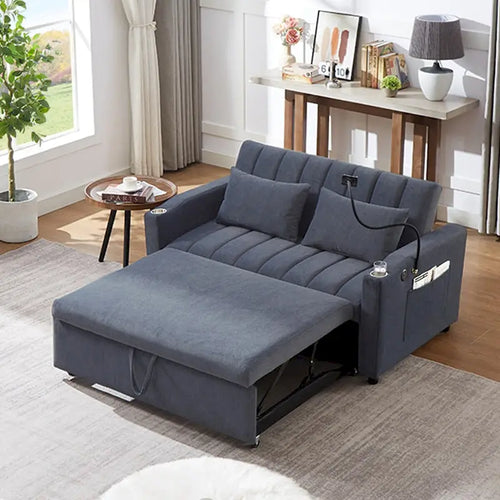 Canapé-lit convertible beige / gris-bleu / gris clair avec ports USB et porte-gobelets - 2 places/couchages