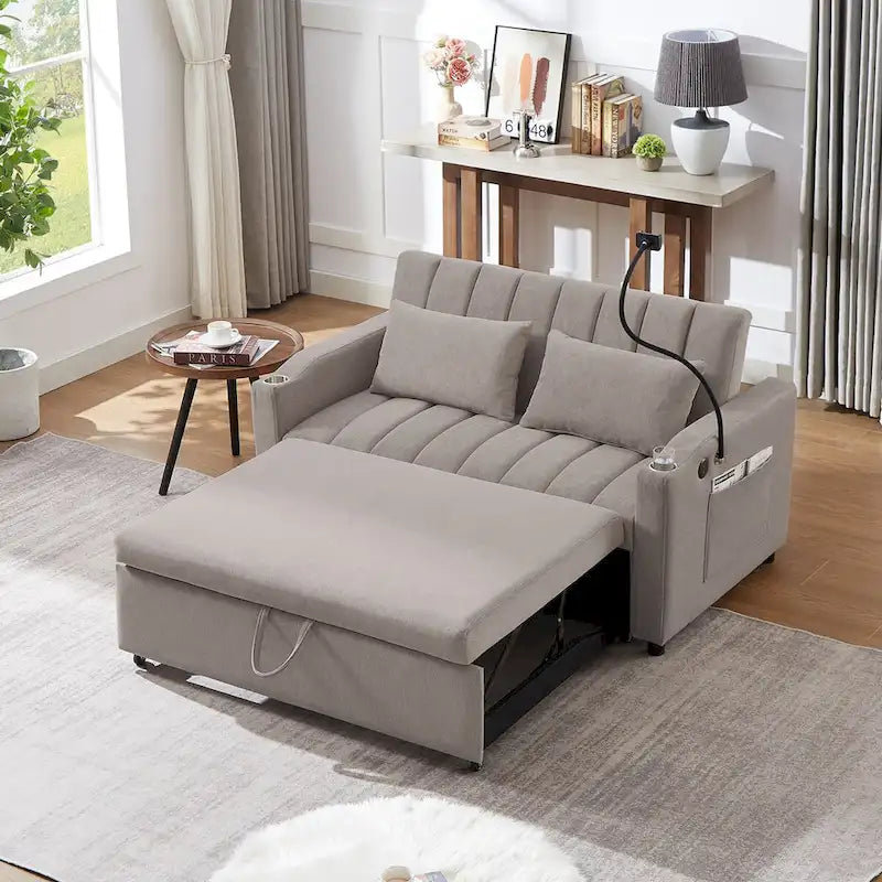 Canapé-lit convertible beige / gris-bleu / gris clair avec ports USB et porte-gobelets - 2 places/couchages