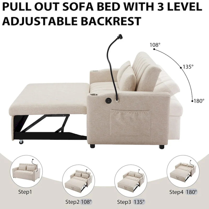Canapé-lit convertible beige / gris-bleu / gris clair avec ports USB et porte-gobelets - 2 places/couchages