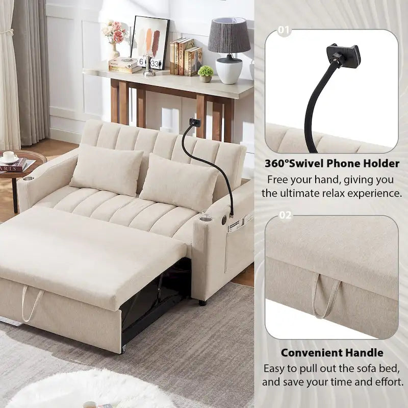 Canapé-lit convertible beige / gris-bleu / gris clair avec ports USB et porte-gobelets - 2 places/couchages