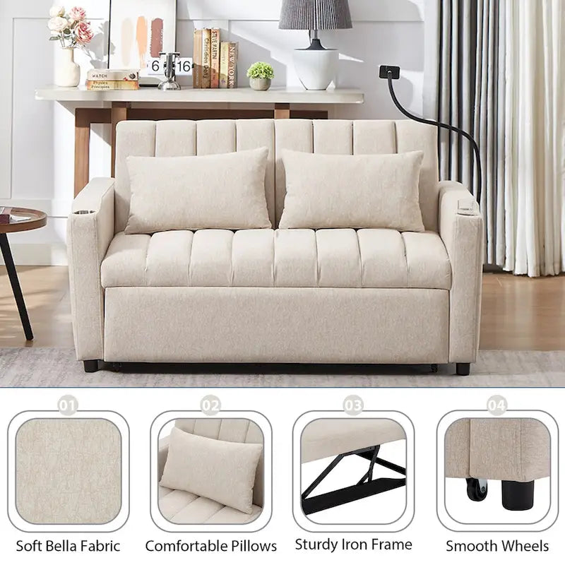 Canapé-lit convertible beige / gris-bleu / gris clair avec ports USB et porte-gobelets - 2 places/couchages