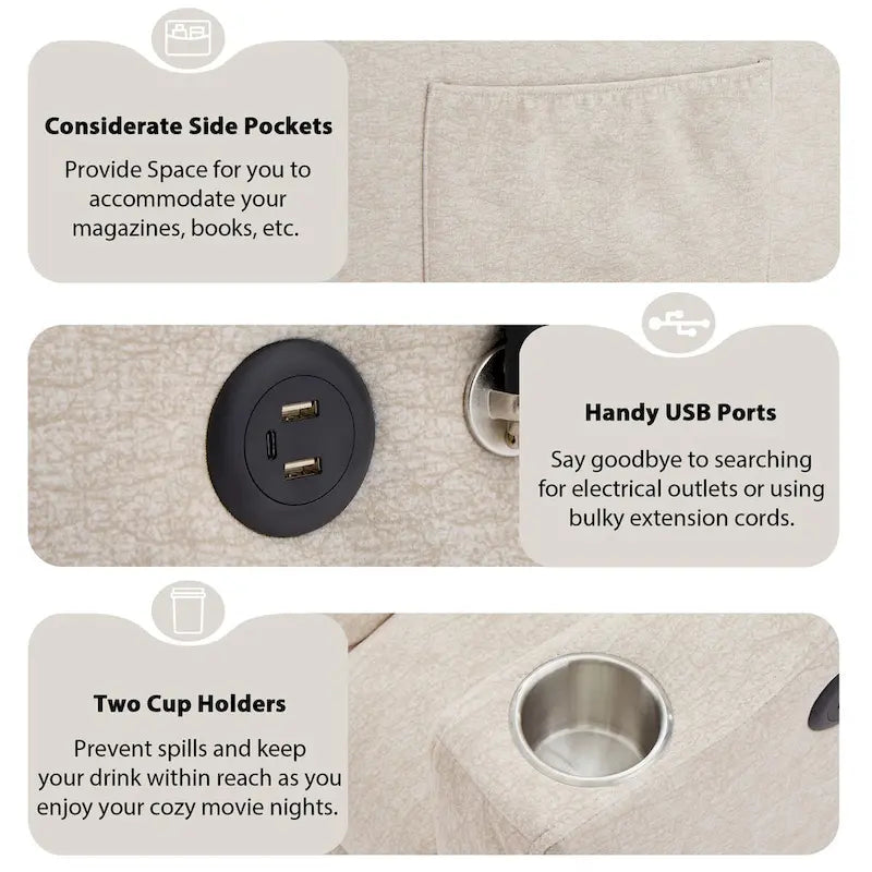 Canapé-lit convertible beige / gris-bleu / gris clair avec ports USB et porte-gobelets - 2 places/couchages