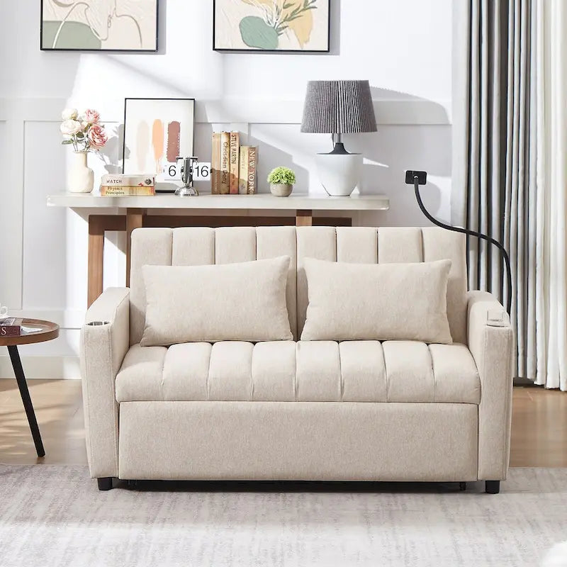 Canapé-lit convertible beige / gris-bleu / gris clair avec ports USB et porte-gobelets - 2 places/couchages