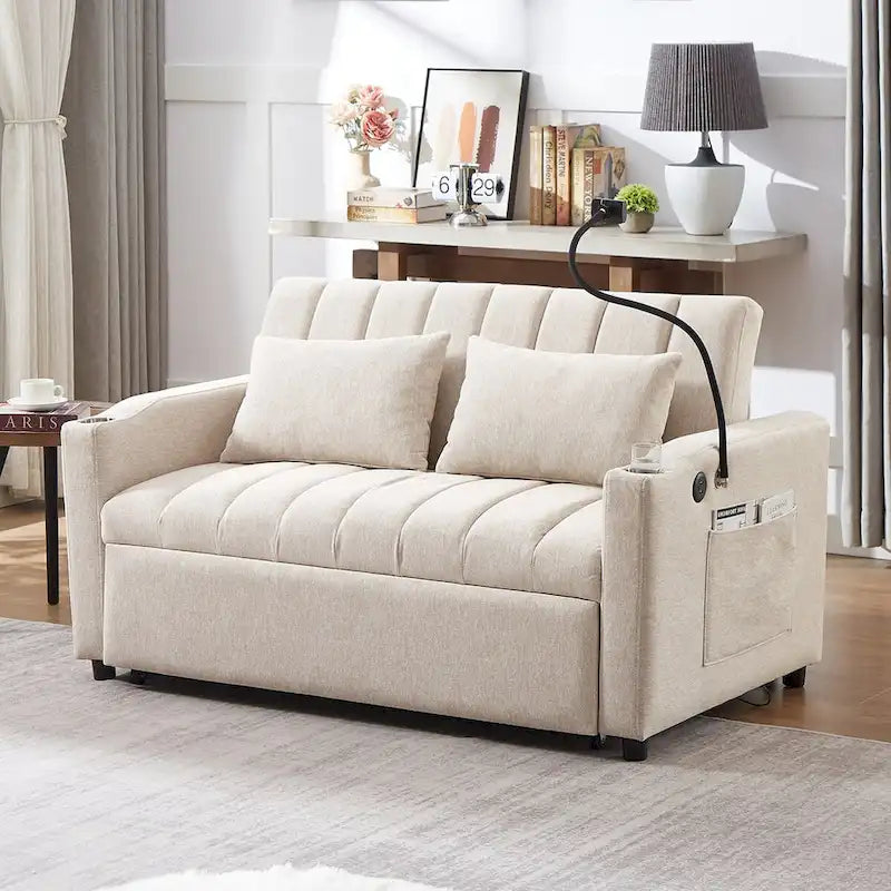 Canapé-lit convertible beige / gris-bleu / gris clair avec ports USB et porte-gobelets - 2 places/couchages
