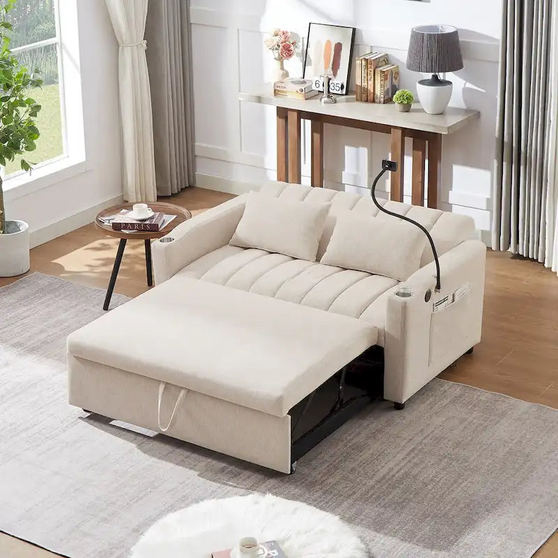 Canapé-lit convertible beige / gris-bleu / gris clair avec ports USB et porte-gobelets - 2 places/couchages